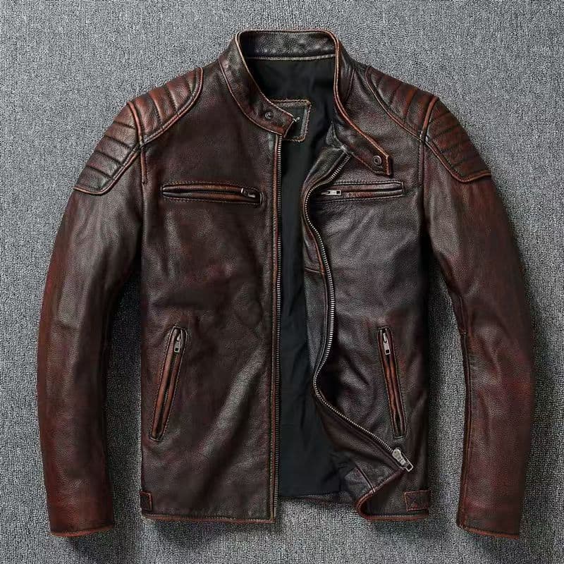 Novo estilo cáqui couro grão jaqueta de couro masculino gola alta lapela roupas da motocicleta médio @-