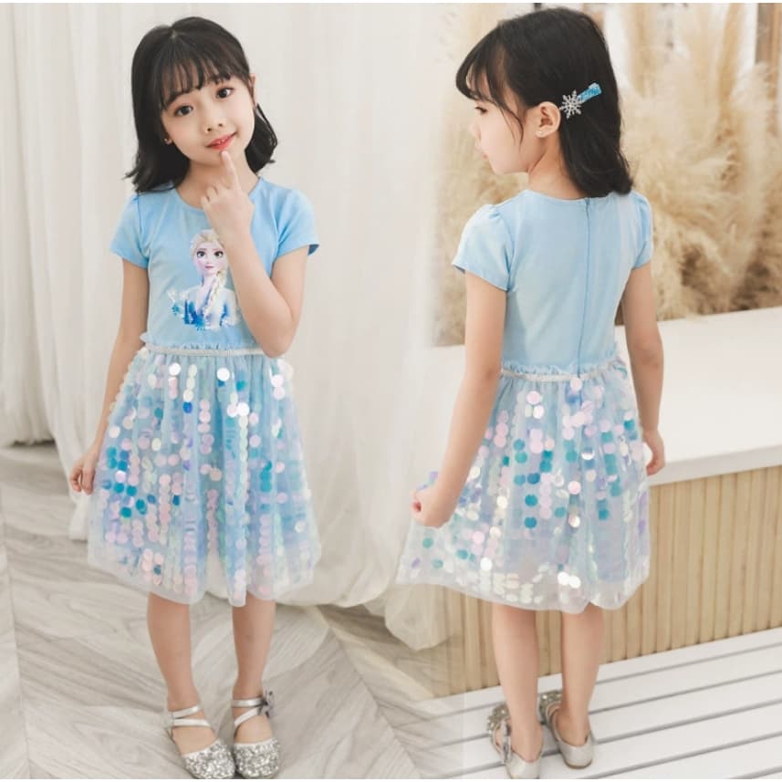 Vestido Elsa Frozen para meninas Vestido de princesa de manga curta com lantejoulas de algodão