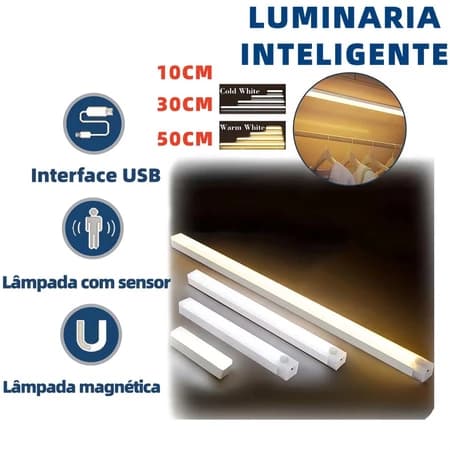 50cm Smart Luminária Inteligente Ultra LED com sensor de movimento sem fio e Recarregável USB para Baixo do Armário