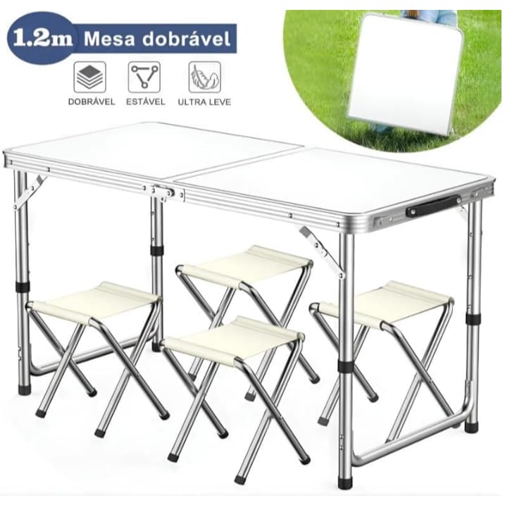 Mesa Dobrável Maleta Alumínio 120*60cm E 4 Banqueta Portátil mall inline badgeMesa 1,20m Vira Com Alça Resistente Oferta