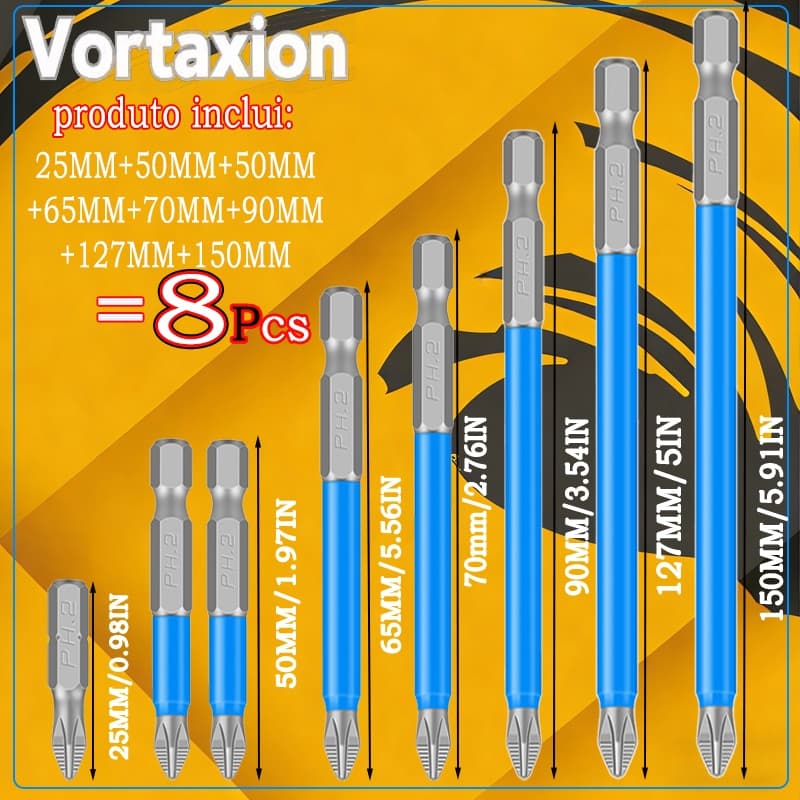 Kit 8 Bits Ponteiras Phillips PH2 Magnéticas de Impacto Aço Reforçado 25 a 150mm