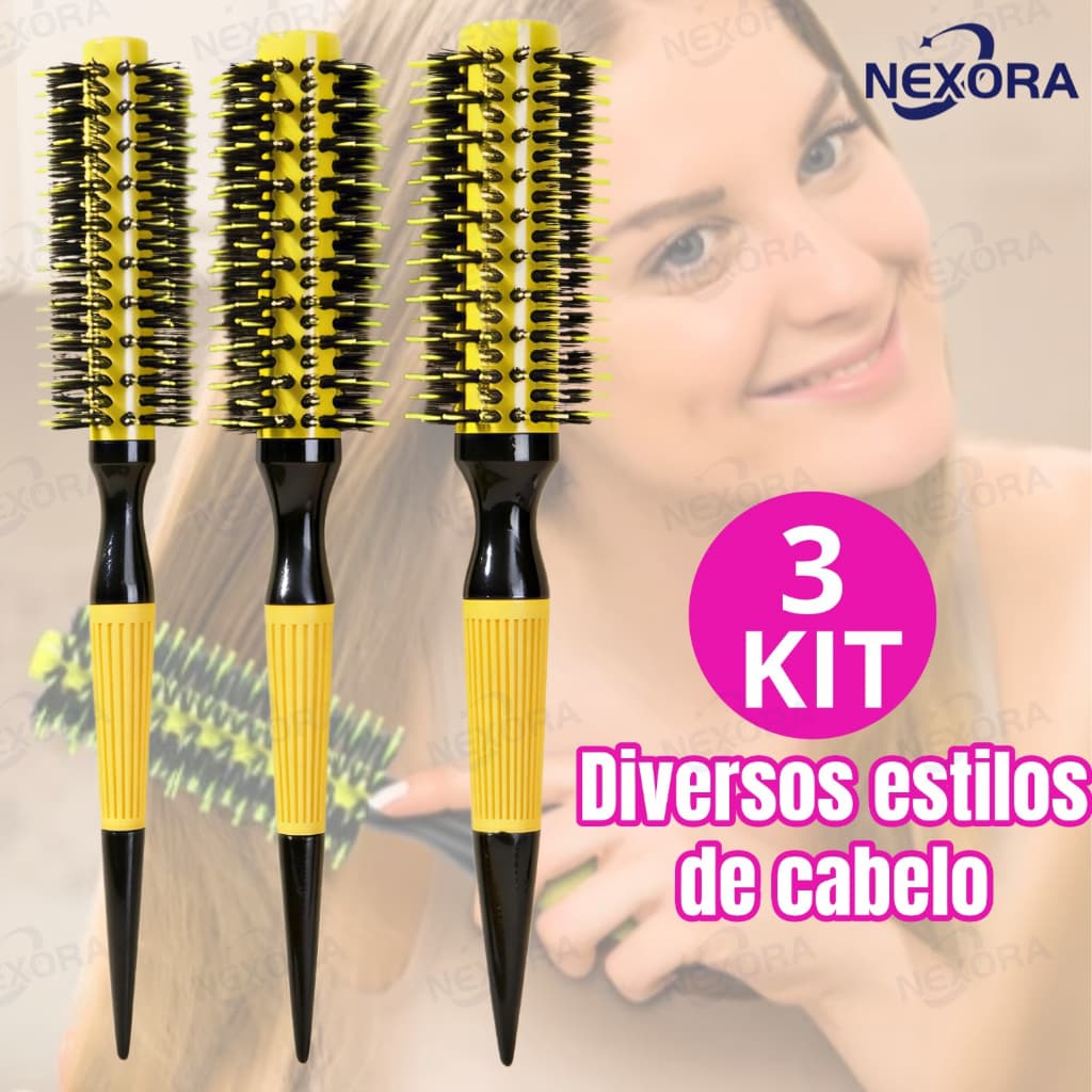 Kit 3 Escovas de Cabelo Redonda | Cerâmica + Alumínio | Cria Cachos & Volume