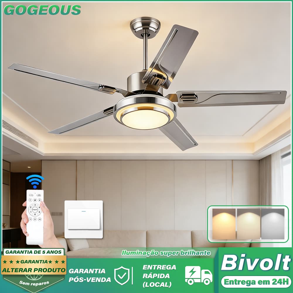 110V-220V Ventilador De Teto Com Luz LED 5 Folhas 48W Silenciosa e Econômi Para Sala De Estar Com Controle Romote