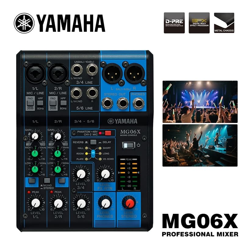 MISTURADOR Profissional YAMAHA MG06X, Mini MISTURADOR Portátil, Efeito DSP Integrado, Pode Switch Phantom Power e PAD Sw