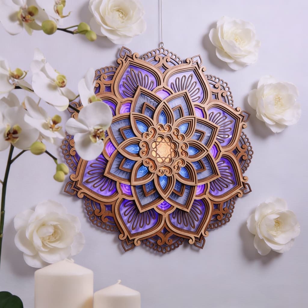 Luminária Mandala LED Noturna com Formato de Lótus | Iluminação Ambiente UV Colorida para Meditação e Decoração