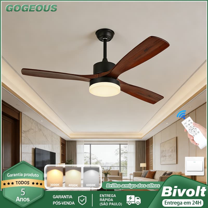 Ventilador de Teto Moderno com Luminação LED 3 Cores Bivolt 110V 220V Controle Remoto Sala de estar e quarto