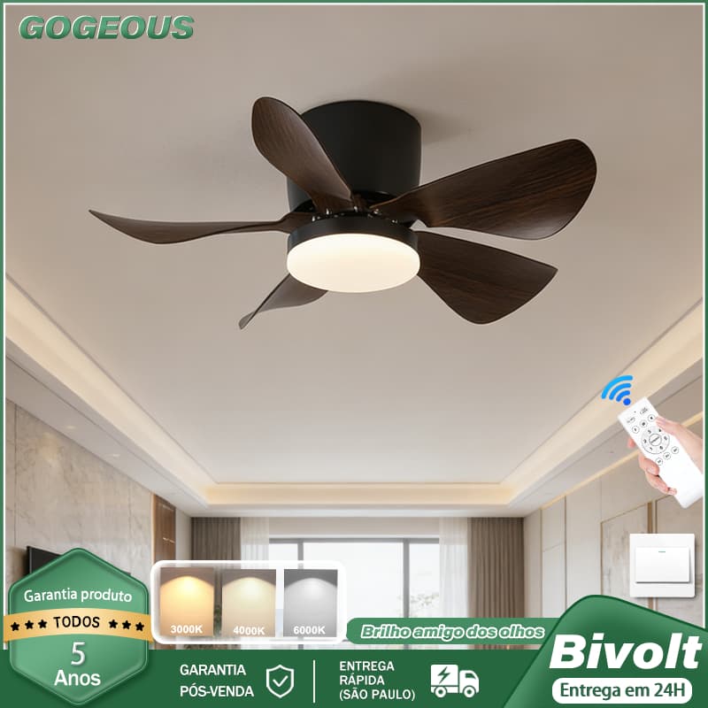 Ventilador de Teto Reversível com Luz LED 3 Cores Bivolt 110V-220V Com Controle Remoto Silencioso Motor CC
