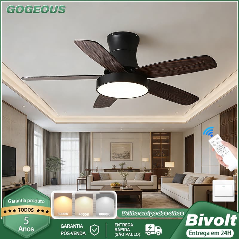 110V-220V Ventilador de Teto Com Luz LED 3 Cores Bivolt com Lâmpada e Função Reversível Controle Remoto Motor CC