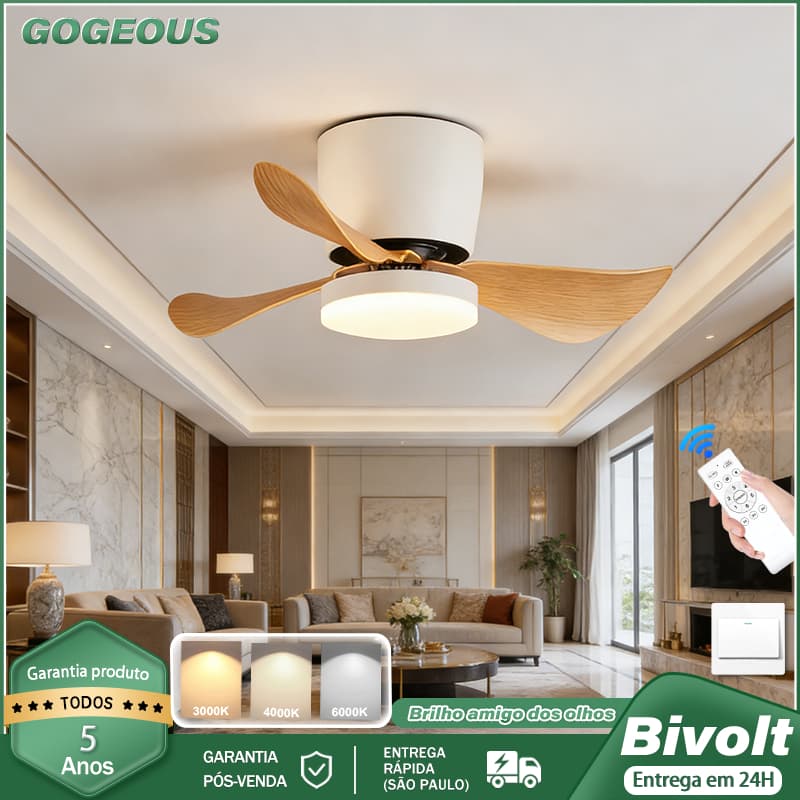 GOGEOUS 110V-220V Ventilador de Teto com Luminária LED 3 Cores Moderna Bivolt Controle Remoto Reversível