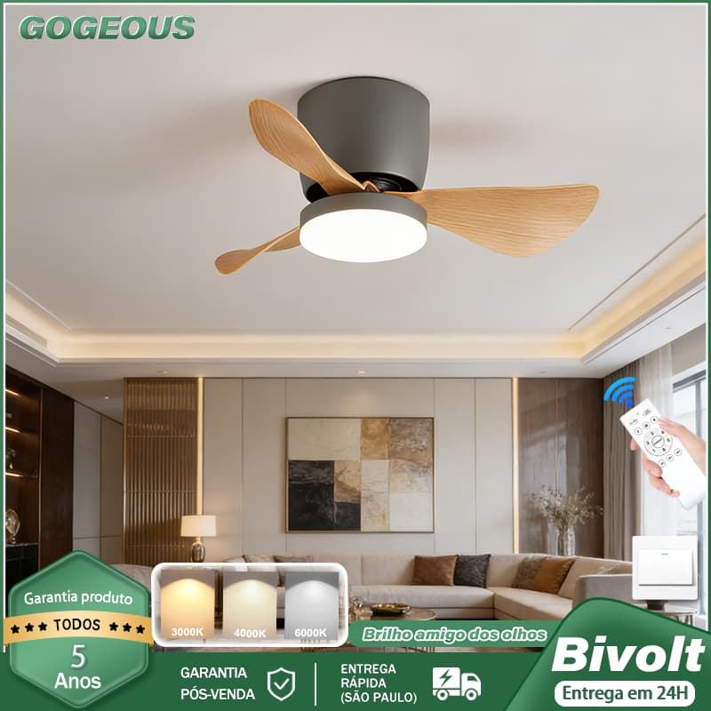 110V-220V Ventilador de Teto com Lâmpada LED Bivolt 3 Cores Controle Remoto Silencioso Para Quarto
