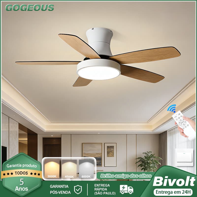 Ventilador de Teto Com Luz LED com Controle Remoto Bivolt 110V-220V  Motor CC Reversível Silencioso e econômico
