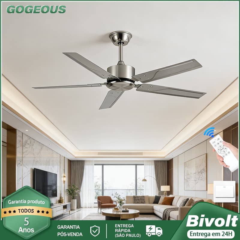 110V-220V Ventilador de Teto 5 Pás 48W Com Controle Remoto 42/52 Polegadas Motor CC Reversível Silencioso e econômico