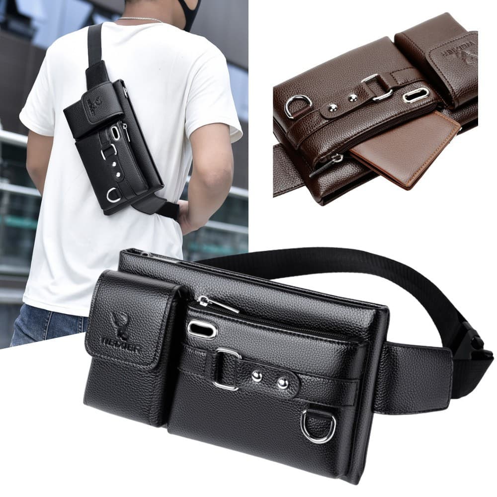 Bolsa de Cintura Masculina em Couro PU – Estilo Casual e Profissional para Viagens e Passeios
