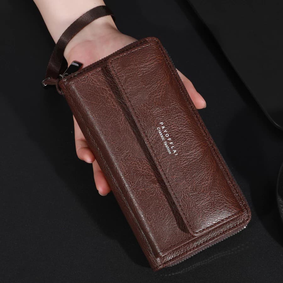 Carteira Longa Com Zíper De Camada Dupla , Bolsa Para Celular Masculina PU De Grande Capacidade