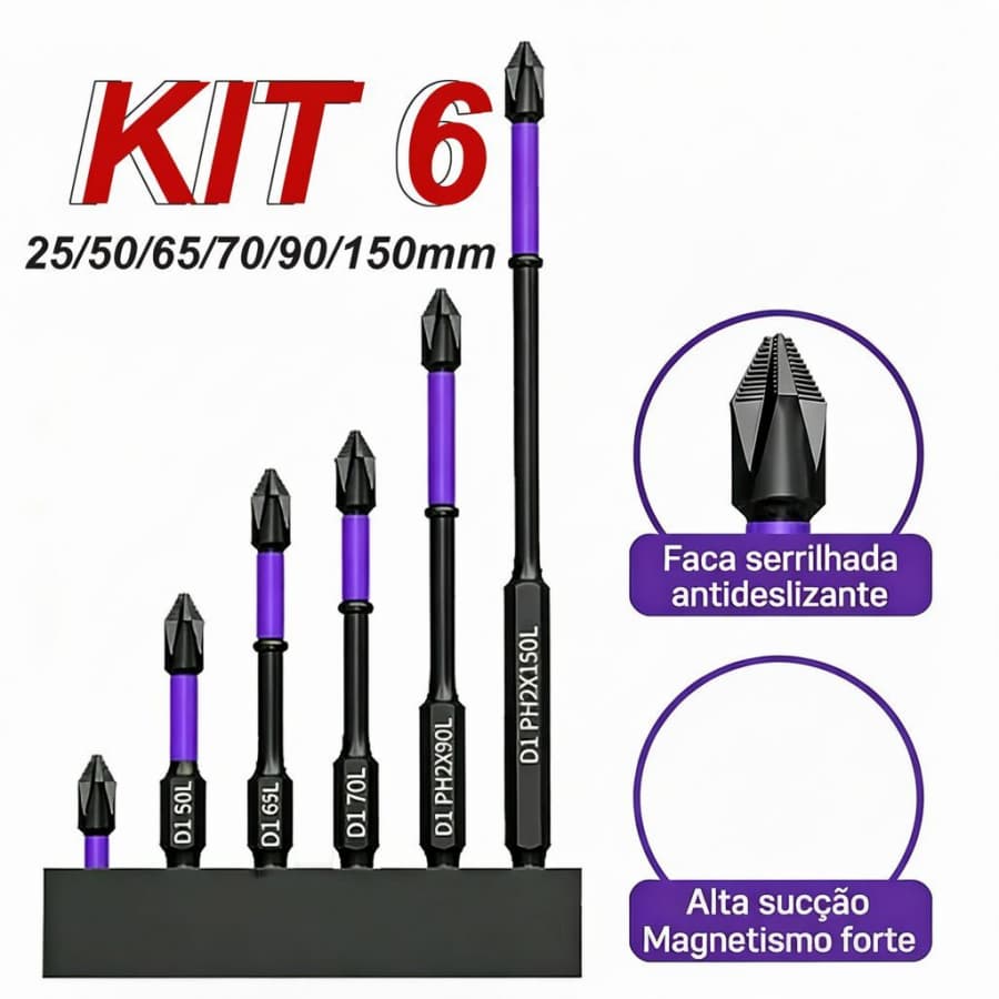 Bits Magnético Ponteira Philips Parafusadeira Ph2 Jogo 6 Pcs Imantado Antiderrapante Com Imã Sextavado