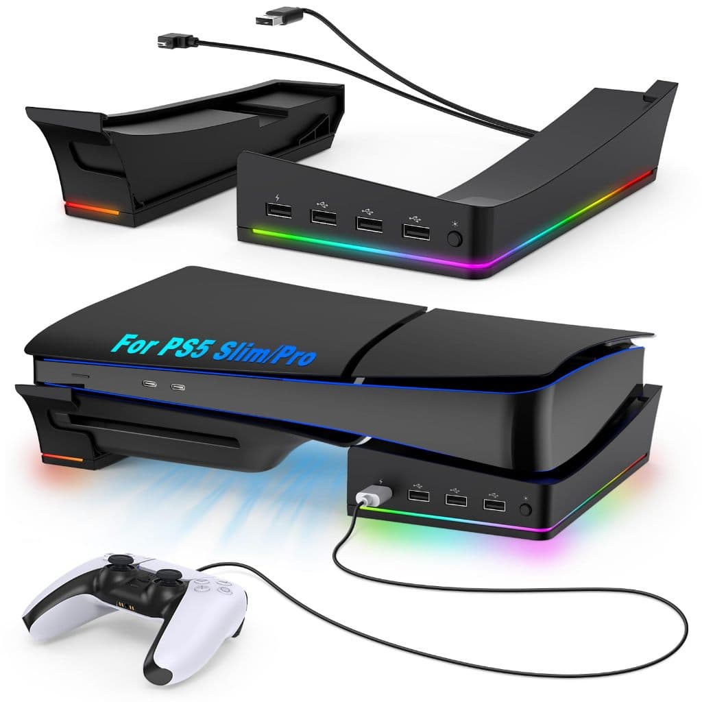 Suporte Horizontal RGB Para Acessórios De Console PS5 Slim/PS5 Pro Com 14 Modos De Luz E 4 Hubs USB , Lateral Disco Fino