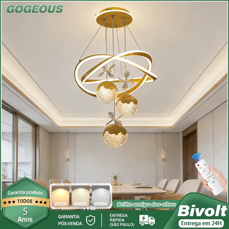 3 Cores 110V 220V Lustre de Cristal para Sala de Jantar com Iluminação LED Bivolt Com Controle Remoto