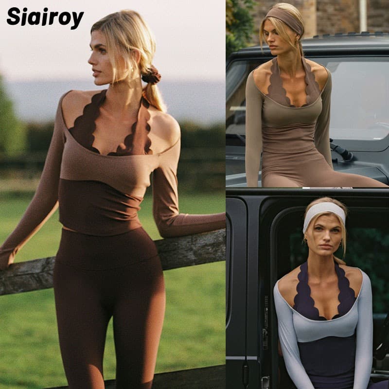 Siairoy Halter Lace Top Falso Duas Peças Yoga Manga Comprida Ao Ar Livre Slim-Fit Respirável Terno de Fitness