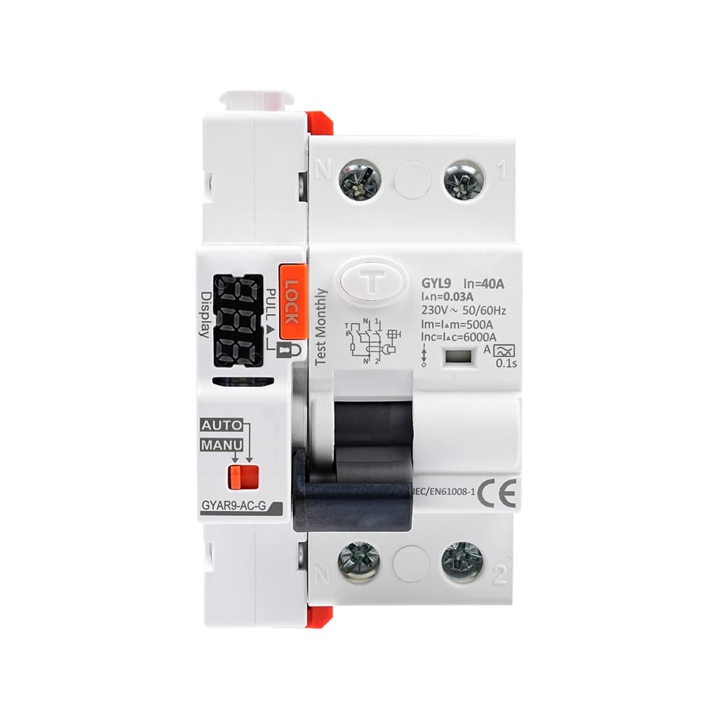 Disjuntor pesado automático inteligente 2P com Display Digital AC230V 40A 30mA GYAR9-AC-G
