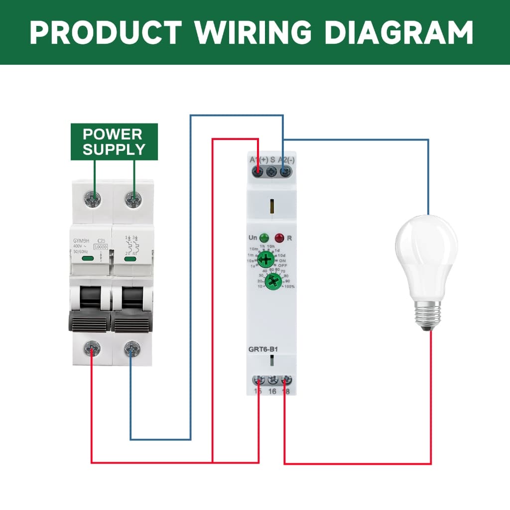 Relé de retardo de tempo para disjuntor miniatura GRT6-B1, tipo trilho DIN, AC/DC 24V-240V