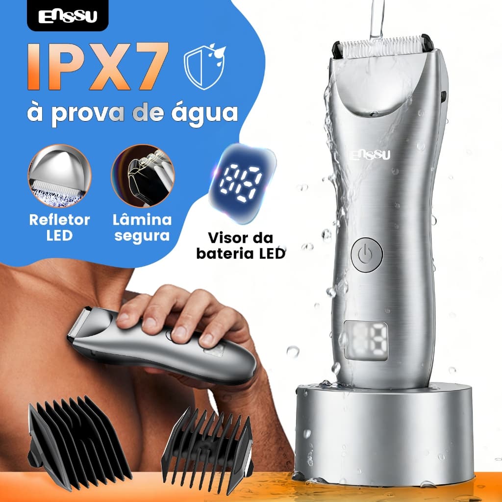 Aparador de Pelos Masculino Impermeável Sem Fio com LED e Base