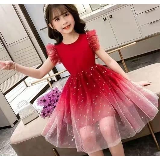 Vestido Princesa Menina Mangas Curtas Vermelho Gradiente EstrelasTuleFesta Natal Aniversário Presente5 6 7 8 9 10 11Anos
