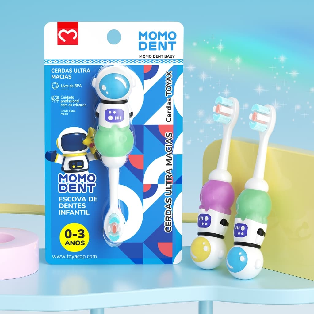 Momodent Escova de dente infantil  | crianças de 0 a 3 anos com padrões de astronautas