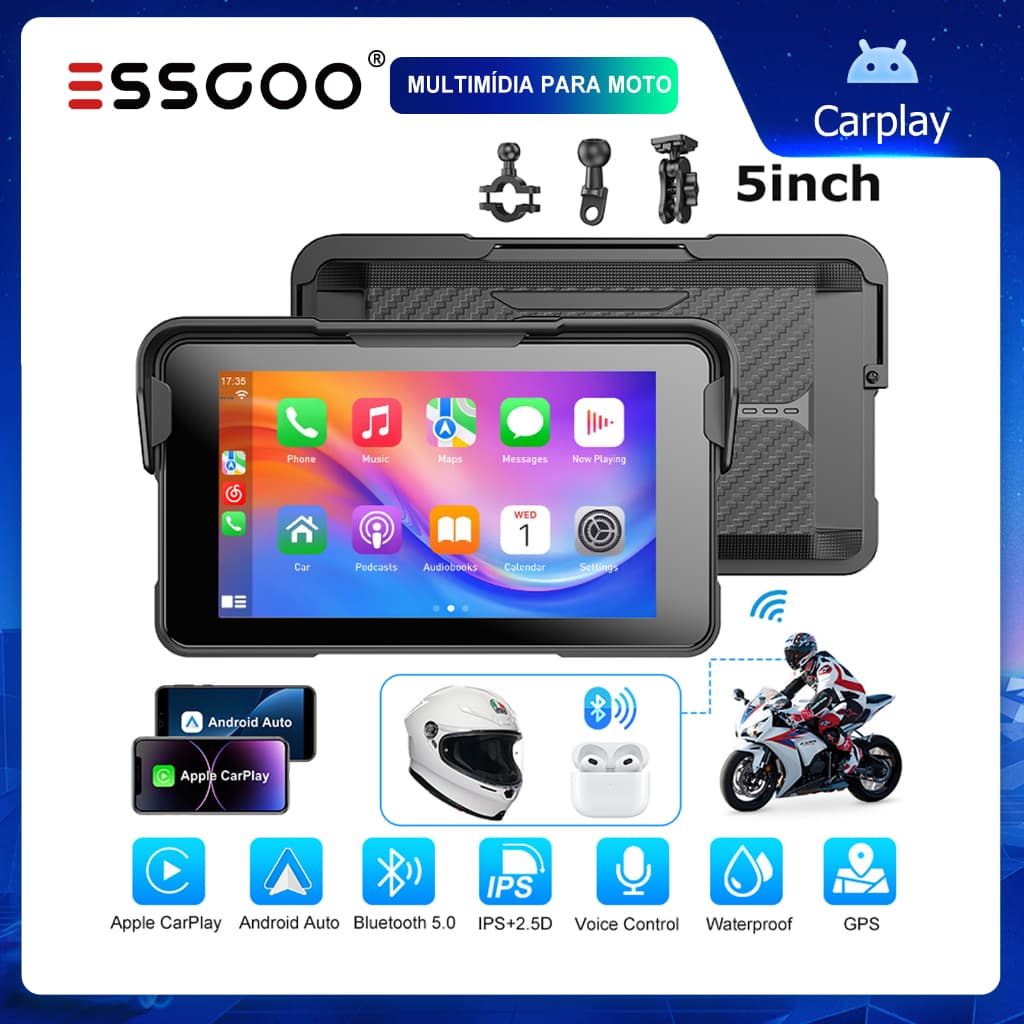 (Do São Paulo)ESSGOO Multimídia Para Moto De 5 Polegadas Com CarPlay E Android Auto Touchscreen GPS Bluetooth Anti-Roubo