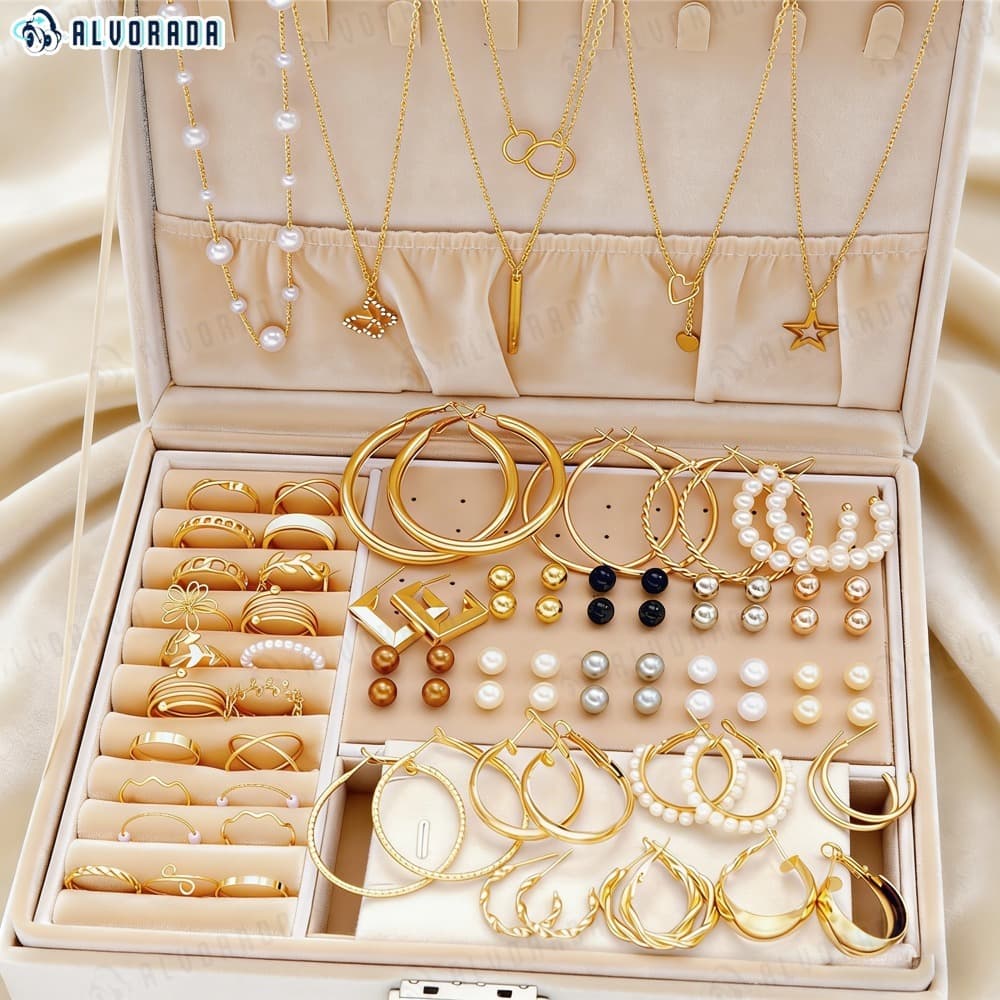 Conjunto Joias 56 Peças Douradas Banho de Ouro Colar Anéis Brincos para Mulheres -alv