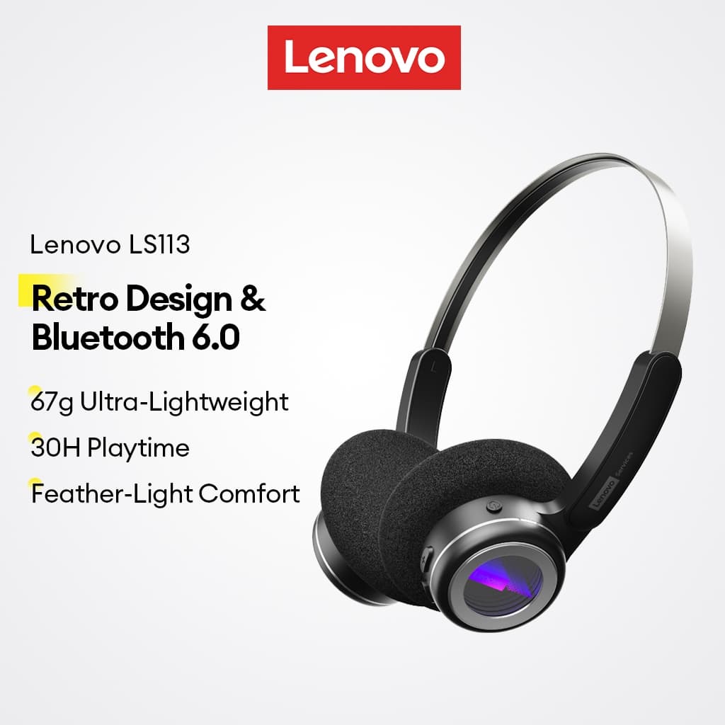Fone de Ouvido Bluetooth Lenovo LS113 Sem Fio On-Ear Estilo Retro Bluetooth 6.0 Original Leve 67g Bateria 30h RGB