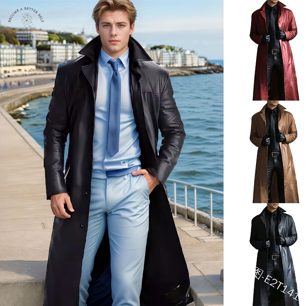 Casaco Longo De Couro PU Masculino Slim Fit Cor Sólida Jaqueta Trench Sintético Outono Inverno Sobretudo