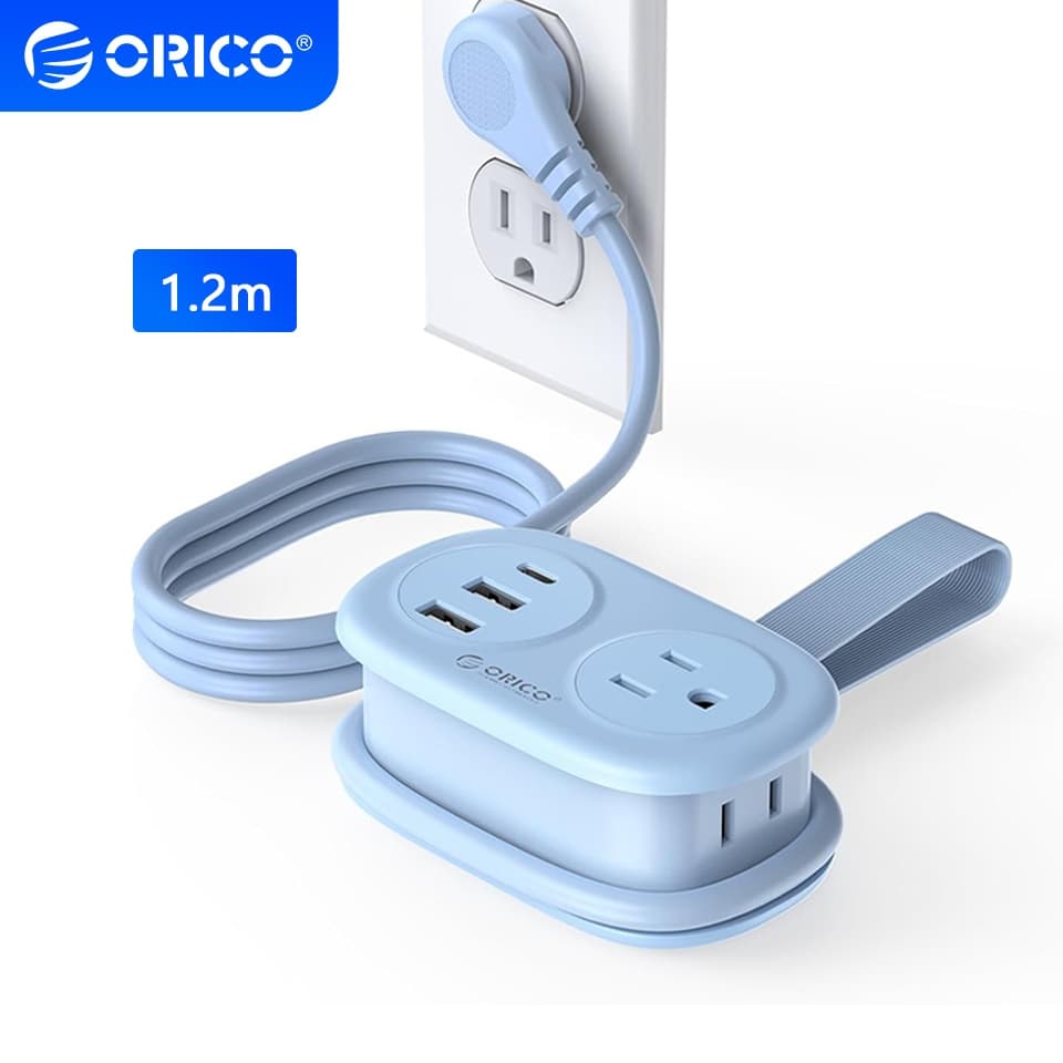 Extensão elétrica ORICO com porta USB tipo A/C, régua de energia para viagens, 2 tomadas CA, protetor contra surtos AP3
