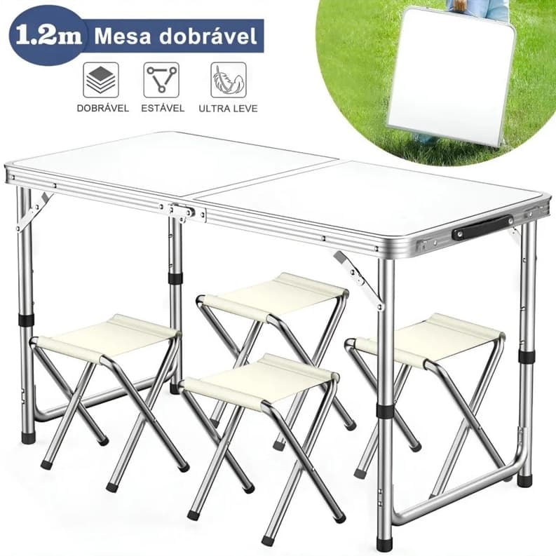 120x60cm Mesa dobrável em alumínio com 4 cadeiras, para camping, churrascos e praia, branco
