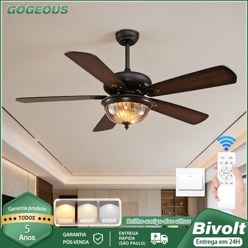 3 Cores Ventilador de Teto com Lâmpada Luz 110V-220V Reversível Quarto e Sala de Estar Silencioso