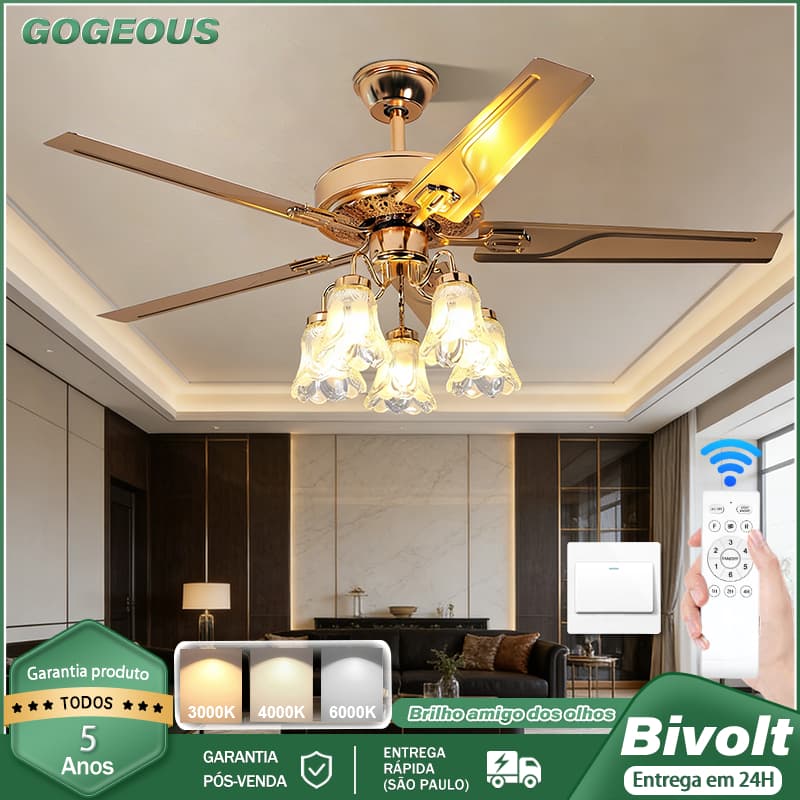 110V-220V Ventilador De Teto Com Luminárias LED 3 Cores Com Controle Remoto Luxo Nórdico Economia de Energia