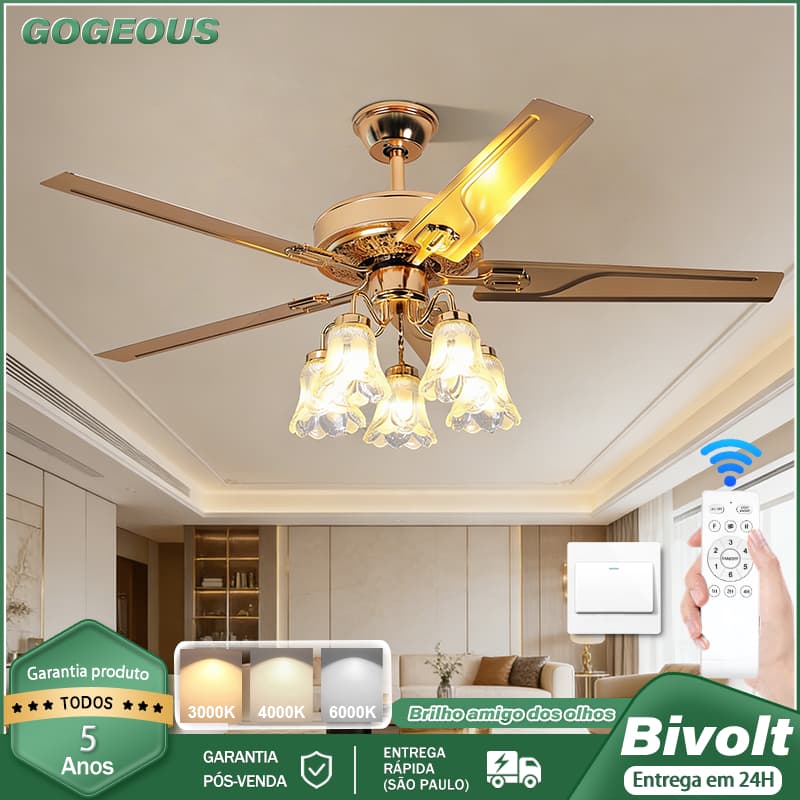 GOGEOUS 110V-220V Ventilador De Teto Com Luminárias Quarto e Sala de Estar Decoração Nórdica Luxo Reversível Silencioso