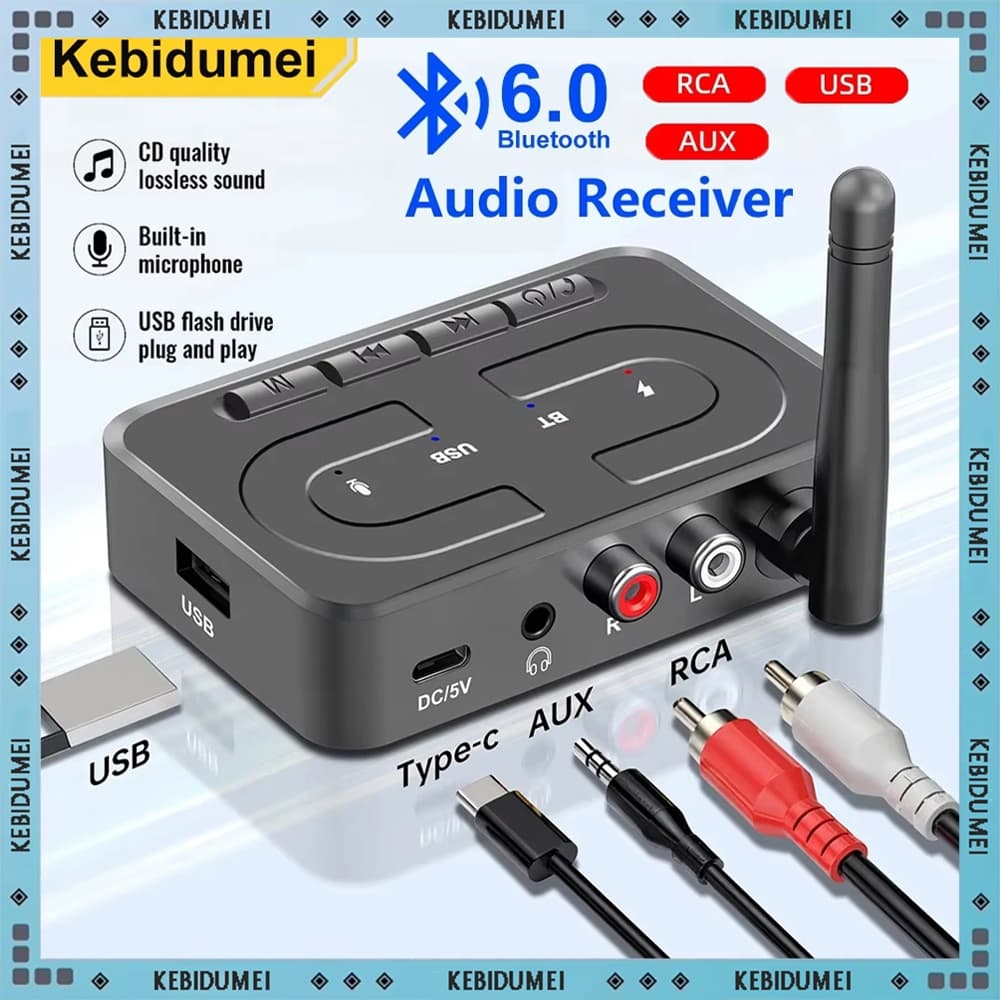 Adaptador Receptor de Áudio USB Bluetooth 6.0 2026, Sem Fio Estéreo 3.5mm AUX R/L RCA Com Microfone, Suporte a U-Disk
