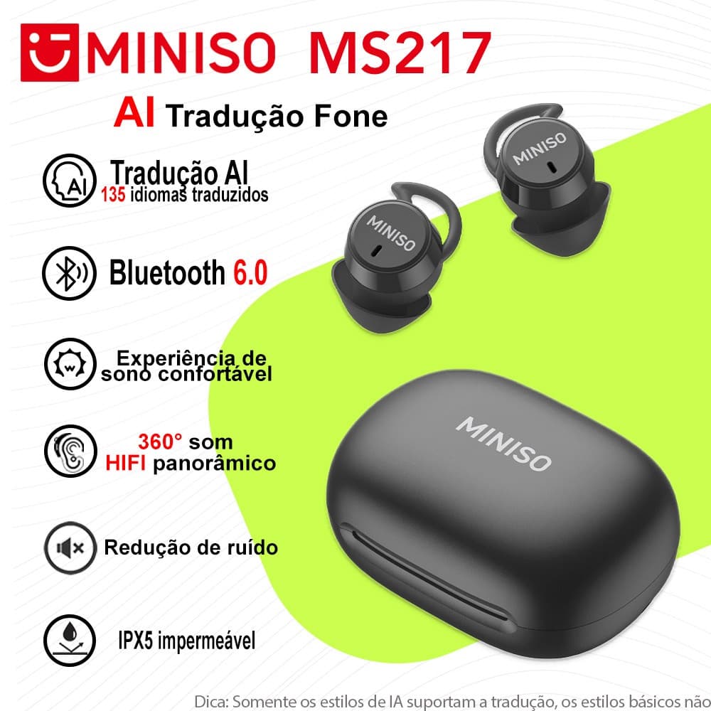Fone De Ouvido MINISO MS217 Para Dormir Sem Fio Intra-auriculares Bluetooth 6.0 Fone AI 135 Idiomas Tradução