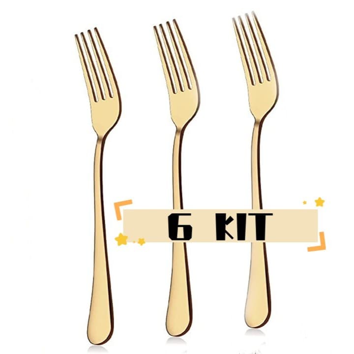6 Peças Talheres Aço Inox Stainless Steel Mesa Posta Garfo Dourado Linha Luxo - Envio Já