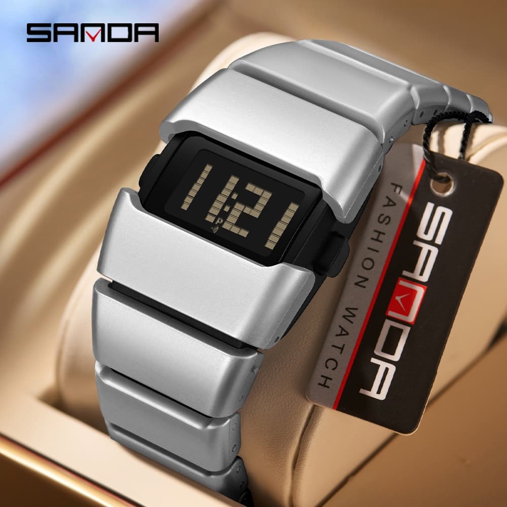 SANDA 9504 Relógio Digital Masculino De Luxo À Prova D'água De Aço Inoxidável Eletrônico Display LED Esportivo-7