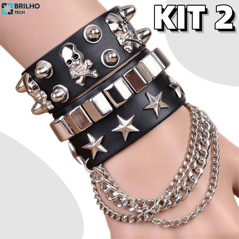Punk Gótico Crânio Pulseira Correntes Metal Spikes Rebite PU Couro Cuff Bangle Wide Mulheres Homens Jóias-bri