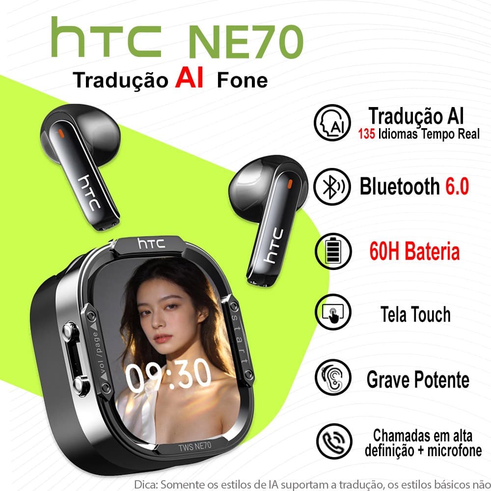 HTC NE70 AI Tradução Fone De Ouvido Bluetooth 6.0 Sem Fio Fone 165 Idiomas HD Tela Touch 60H Bateria Microfone