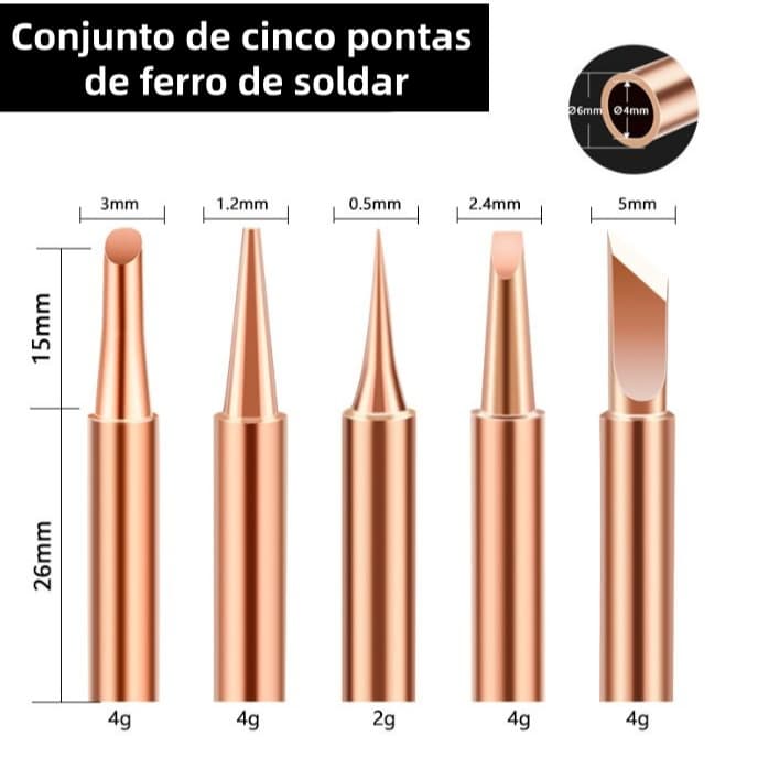 Conjunto de 5 peças de ponta de ferro de solda de cobre puro