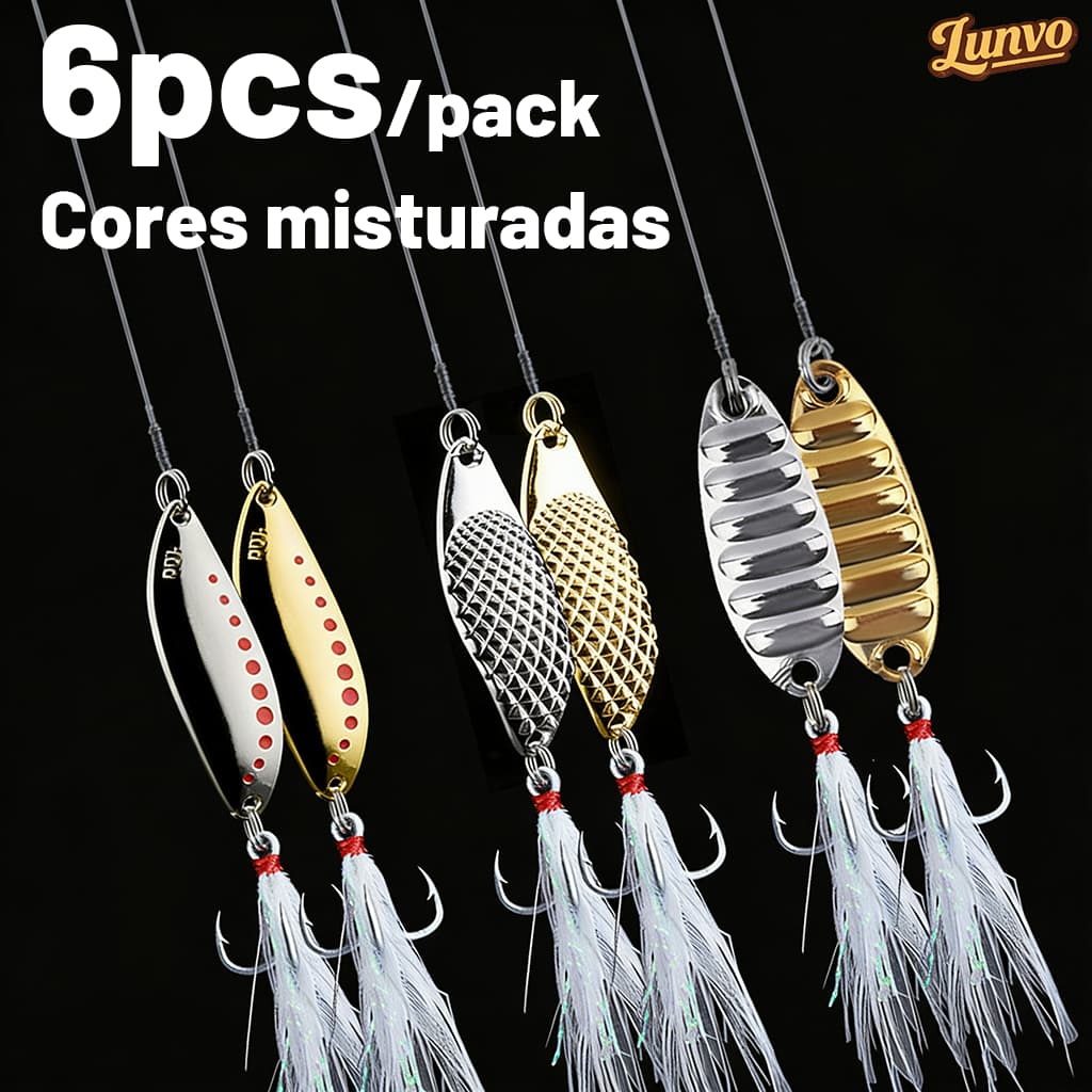 Conjunto de 6 Iscas Artificiais de Metal em Formato de Colher, 15g, Douradas, com Lantejoulas e Anzóis Triplos