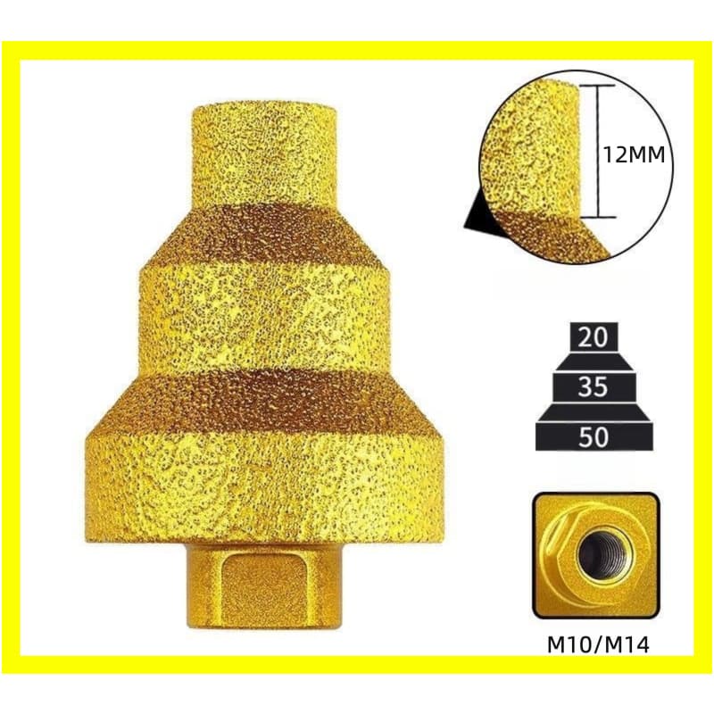 Broca Diamante Chanfro 20-35-50mm Rosca M10/M14 para Moedor Ângulo - Mármore, Concreto, Porcelana, Alvenaria