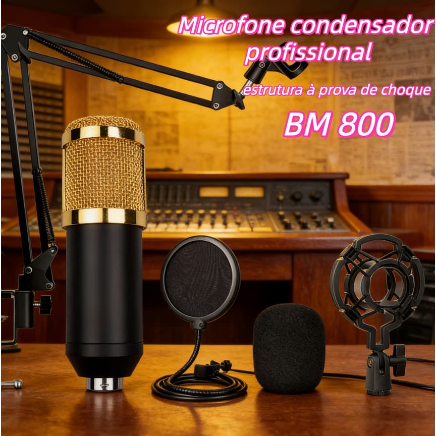 Microfone condensador profissional BM 800 equipado com suporte anti-choque.