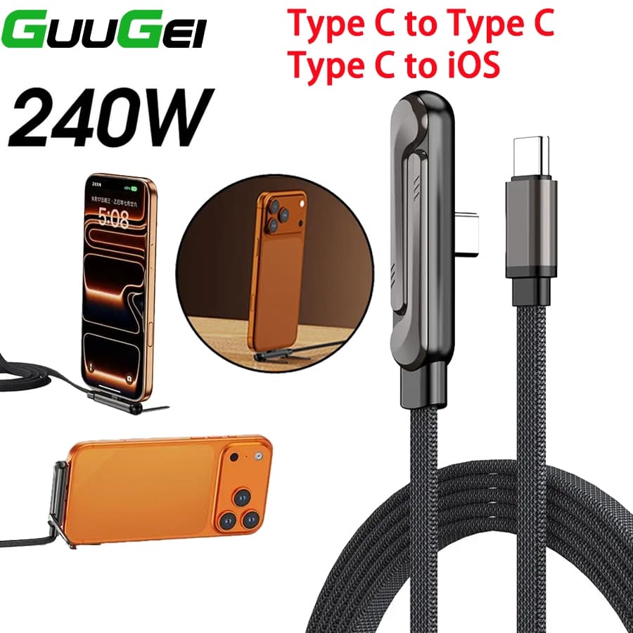 Guugei 240W Type C Cotovelo Cabo De Carregamento Rápido USB C Lightning Para Jogos Com Suporte