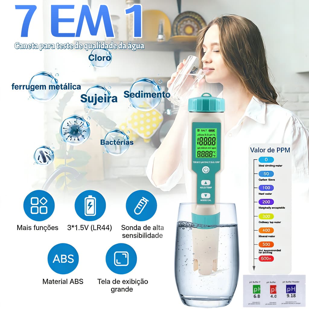 Instrumento Digital 7 em 1 Ph Ec Tds Orp Sg Salinidade e Temperatura para Beber, Piscina, Hidroponia