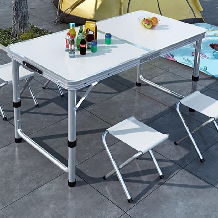 Mesa Dobrável Maleta Alumínio 120*60cm E 4 Banqueta Portátil mall inline badgeMesa 1,20m Vira Com Alça Resistente Oferta