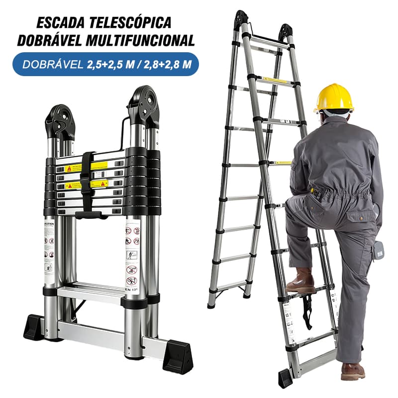 Escada Telescópica Articulada Multifuncional 2.5+2.5M/2.8+2.8M De Aço Inoxidável Escada De Pessoa Dobrável